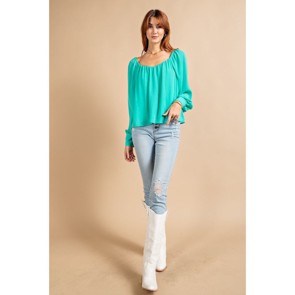 Easel Atlantis Green Buttoned Cuffs Loose Fit Chiffon Lightweight Lined Blouse - Picture 2 of 5